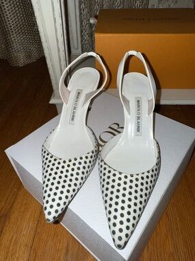 Manolo Blahnik White and Black Polka Dot Slingback Pumps